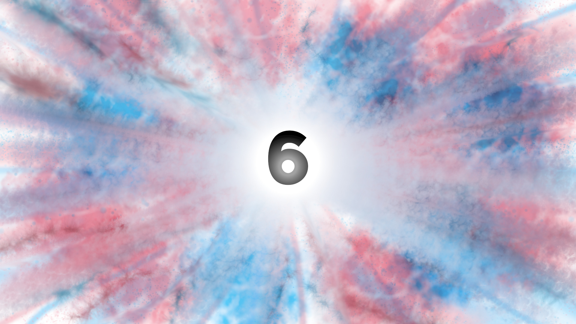 Le chiffre 6 sur un fond tricolore (rose, cyan et blanc, les couleurs trans)